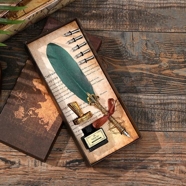 

luxury fountain pen gift box set vintage colorful feather dip ink calligraphy student writing quill pens office supplies
