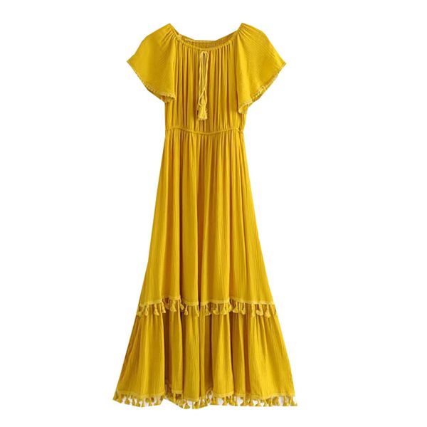 

yellow bow slash neck off shoulder short sleeve tassel elastic waist long dress empire summer beach holiday d1493 210514, Black;gray