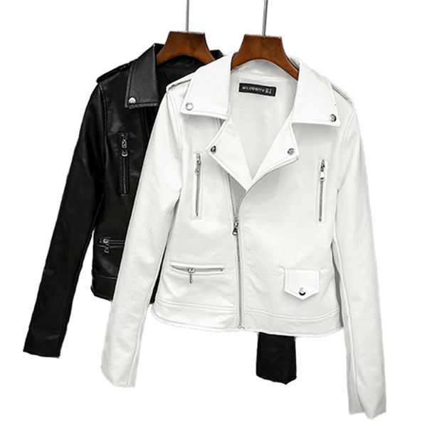 

fitaylor new spring autumn women biker soft pu punk outwear casual motor faux leather white jacket 201120, Black