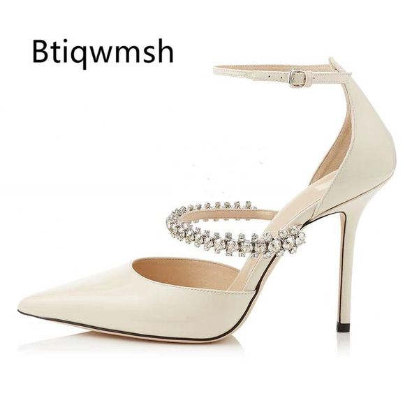 

dress shoes white leather rhinestone sandals women pointed toe crystal chain ankle strap high heel woman party, Black
