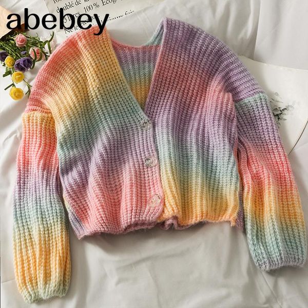 

women's knits & tees fashion v-neck long sleeve knitted cardigan color gradient print single breasted loose short sweater 2021 spring a, White