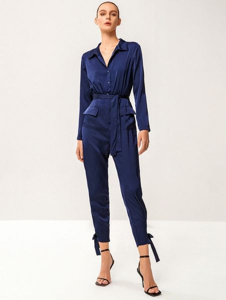 

double crazy flap pocket knot hem belted satin jumpsuit c5pj#, White