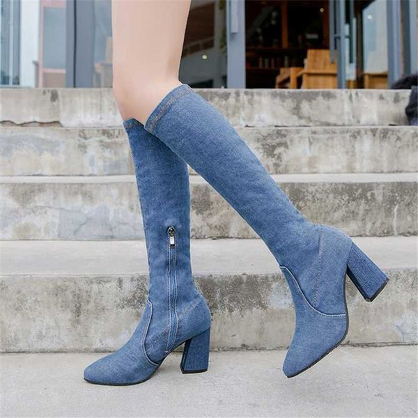 

boots 2021 women fashion side zipper denim high heels long tight slim stiletto stripper cowboy blue prom shoes, Black