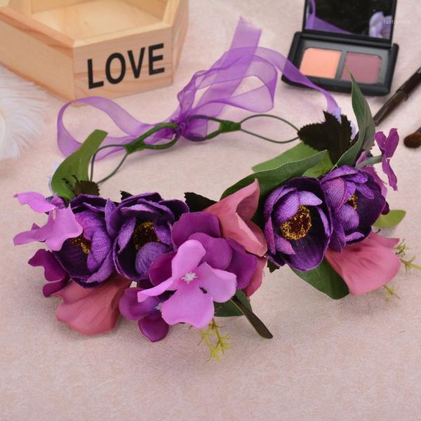 

flowers handmade fabric wreath women bohemians purple blue floral leaves crowns1
