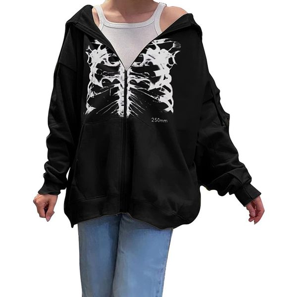 

sternum halloween women's 3d printed zipper hooded sweater jacket sports fall winter regular jacket loose sports streetwear long sleeve, Black