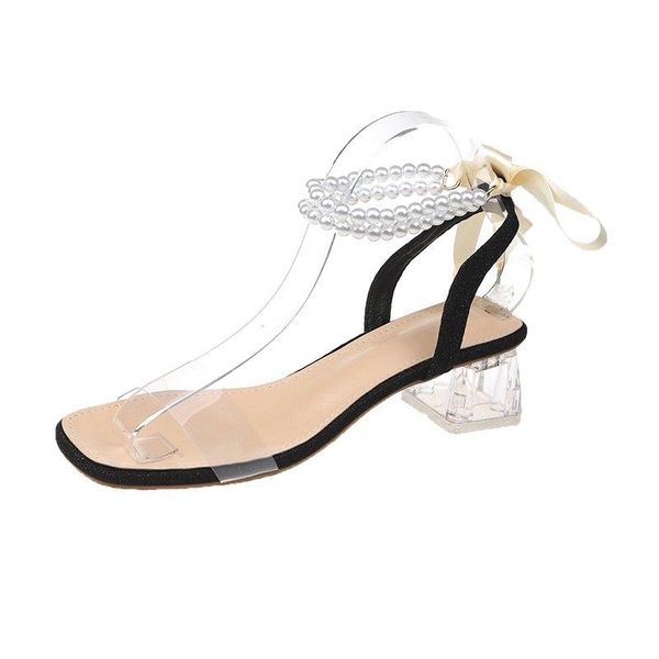 

sandals 2021 summer style with mid-heel net red thick heel female bow evening shoes pearl women's, Black