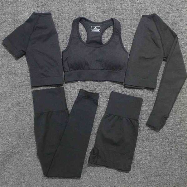 

5pc/set women vital seamless yoga set fitness short sleeve long crop shirts running leggings shorts workout clothes gym 210802, Gray