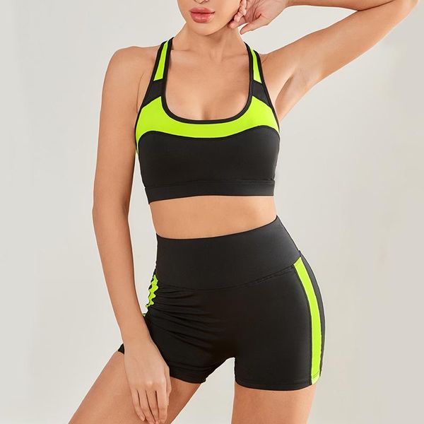 

casual sling slim sport vest crop high waist stretch tight shorts splicing fitness yoga set running push up training outfit