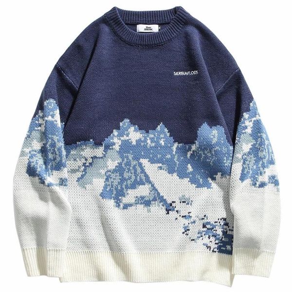 

men's sweaters men retro knitted pullover couple harajuku embroidery gradient snow mountain print casual sweater thicken oversized spri, White;black