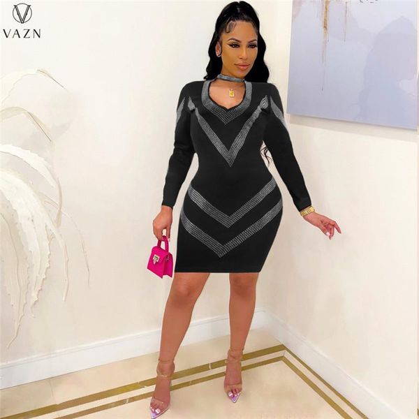 

casual dresses vazn 2021 spring women fashion street girl style short long sleeve round neck dress pure color zipper mini, Black;gray
