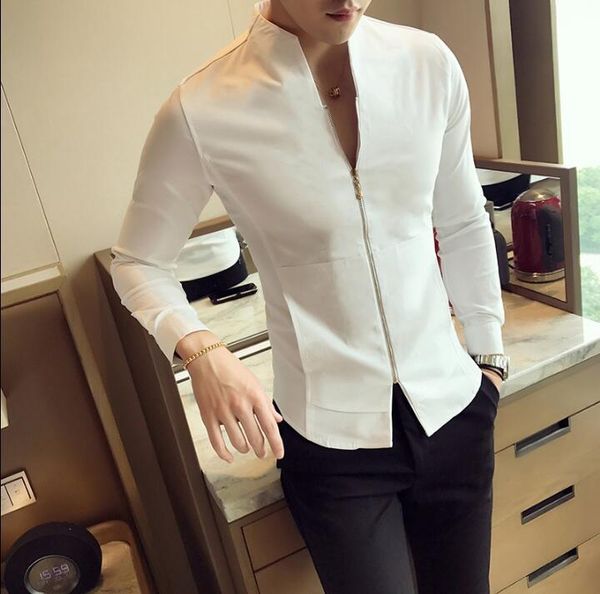 

men's casual shirts long-sleeved zipper shirt male version of the british slim hair stylist nightclub personality trend, White;black