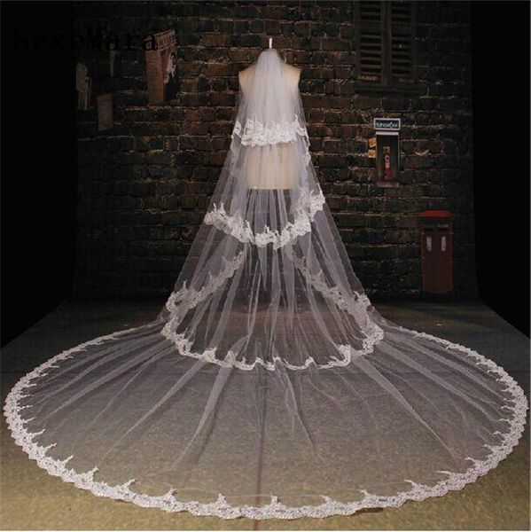 

bridal veils white 3 layers lace applique soft netting wedding veil cathedral velo custom made ivory, Black