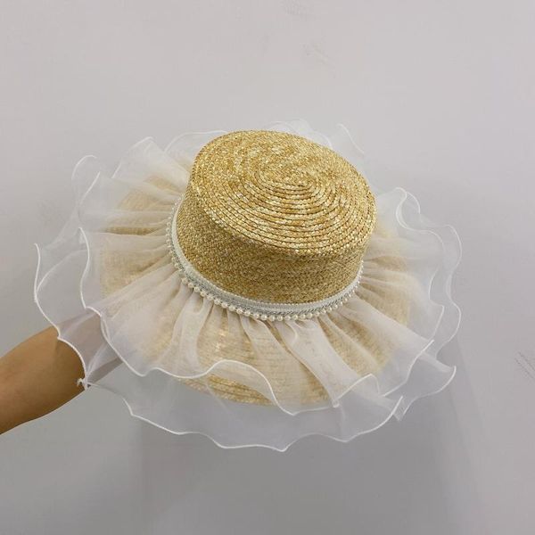 

wide brim hats women natural wheat straw hat lace pearl ribbon tie 9cm boater beach sun cap lady summer, Blue;gray