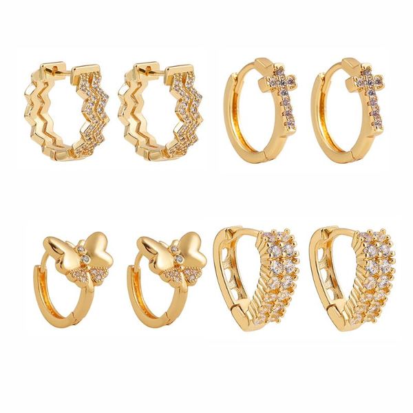 

hoop & huggie arrival micro pave zircon cz butterfly earrings for women luxury gold copper cross round circle ear hoops buckle jewelry, Golden;silver