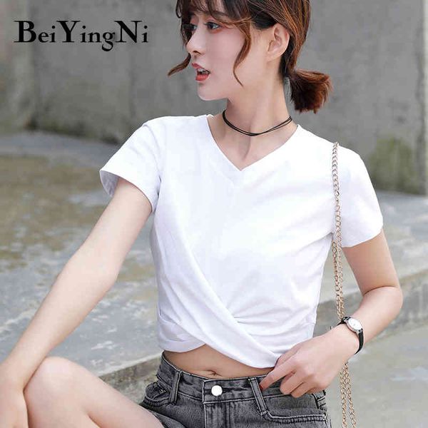 

beiyingni cropped female summer tshirt women solid color casual slim short sleeve korean t shirt woman plus size shirt 210416, White