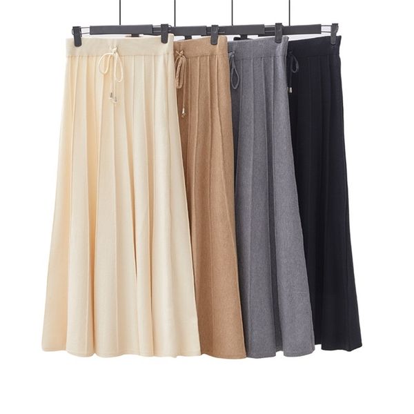

knitted skirt autumn winter tall long a-line lace-up casual womens loose slim high waist wool women clothes 210508, Black