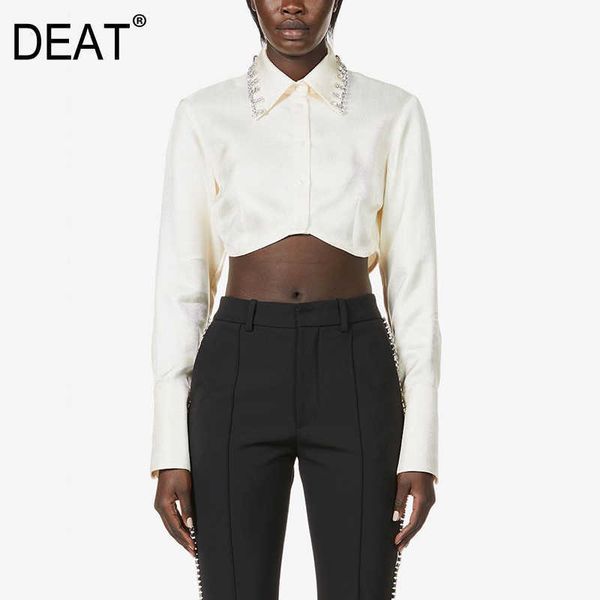 

[deat] fashion single-breasted solid color diamonding long sleeve turn-down collar elegant women shirt 13q283 210527, White