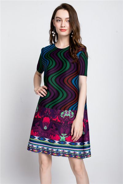 

dress miyake fold o-neck wave pattern print the short sleeve straight, Black;gray