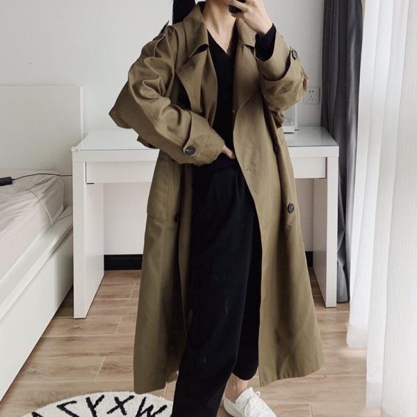 

women's jackets solid color both row buckle loose coat autumn little chap windbreaker girls long fund with belt zx295, Black;brown