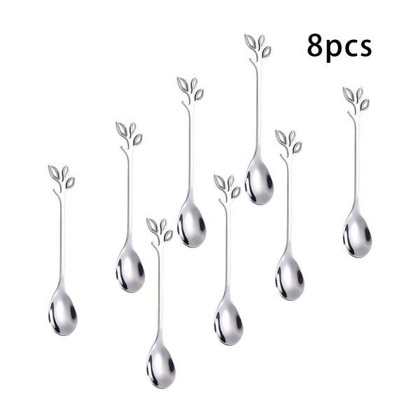 

dinnerware sets 8pcs teaspoon set dessert cake coffee fruit mini handle spoon stainless steel kitchen accessories with leaf shape party tool