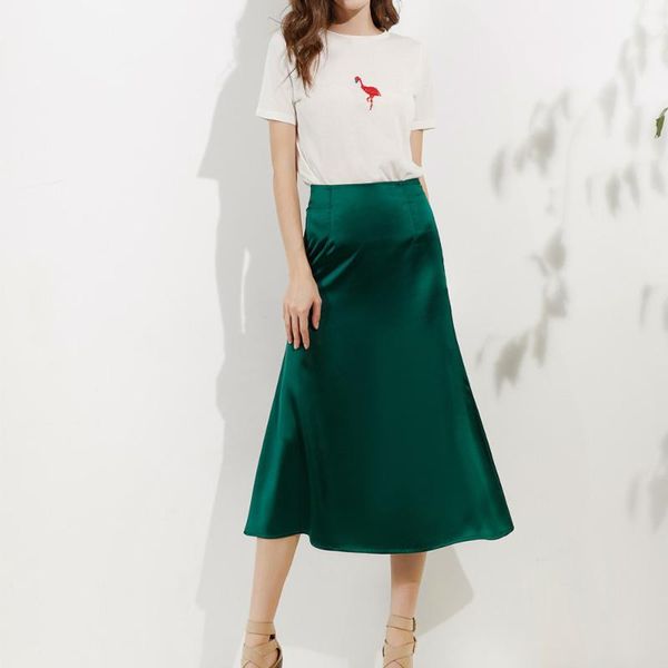 

skirts satin women summer high waisted solid a line pencil midi skirt ladies elegant party office vacation casual jupe faldas, Black