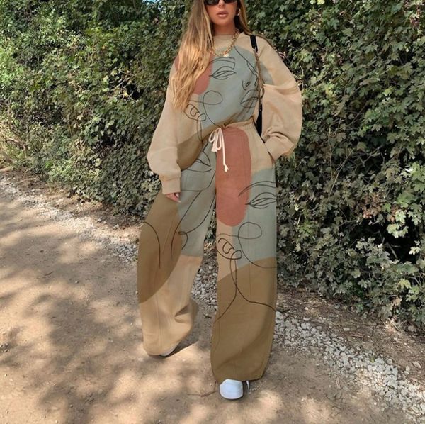 

women's digital printing trend two-piece urban casual pants suit clothes two piece sets 2 piece joggers plus size 01, White