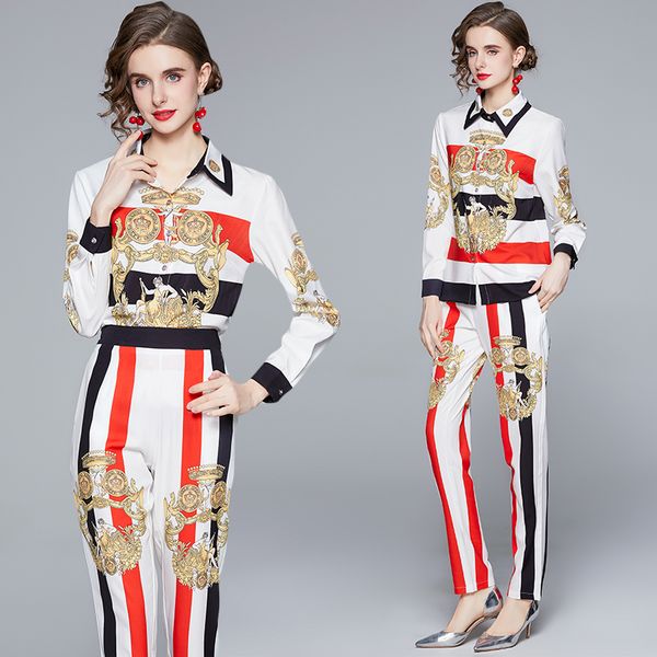 

luxury fashion runway printed pants sets 2021 women fashion shirts + trousers long sleeve spring autumn casual two piece set office lady des, White