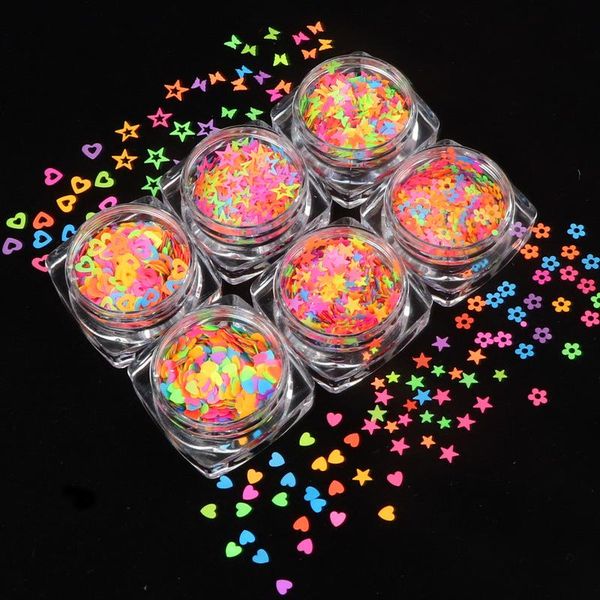 

nail glitter 6 box confetti chunky sequins star/flower/heart shaped flakes fluorescent paillette uv gel 3d tips for art decor, Silver;gold