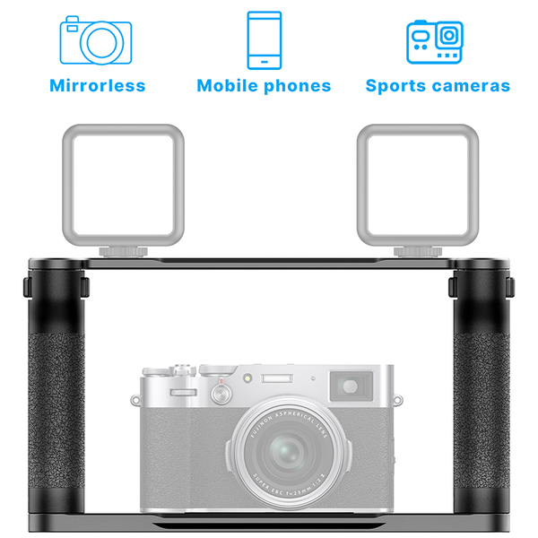 

uurig r069 universal smartphone video rig dual handheld grip stabilizer diy vlog handle extend cold shoe for microphone lighting & studio ac