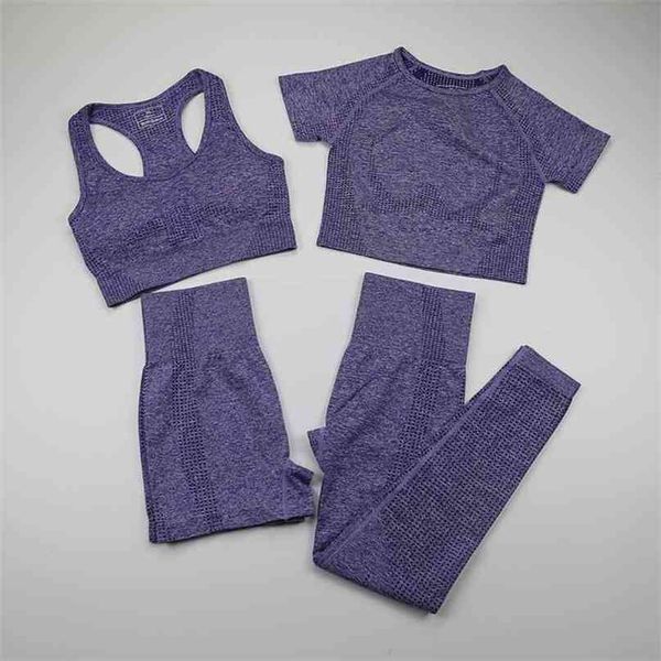 

seamless leggings+short sleeve crop sports bra+sport shorts 4 pieces yoga set wear for women gym clothing suit 210813, Gray