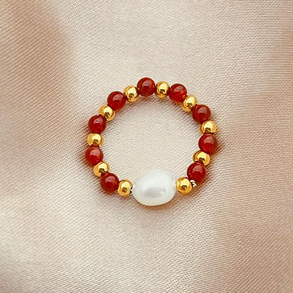 

wedding rings 2021 red natural stone pearl ring for women stainless steel golden beads handmade engagement party luxury jewelry, Slivery;golden