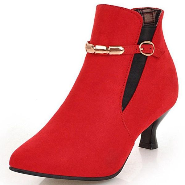 

boots ribetrini plus size 32-47 female pointed toe thick med heels buckle shoes ankle women autumn metal decoration s9rr, Black