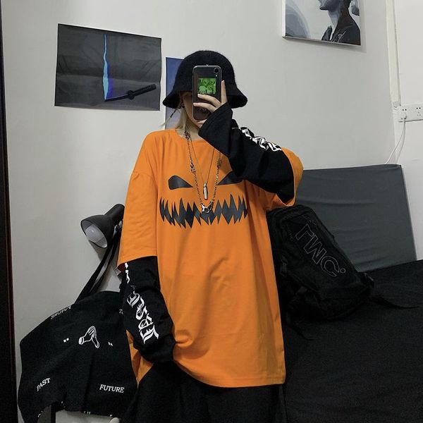 

korean harajuku pumpkin anime print letter graphic tshirt patchwork casual long sleeve t-shirt women streetwear vintage y2k women's, White