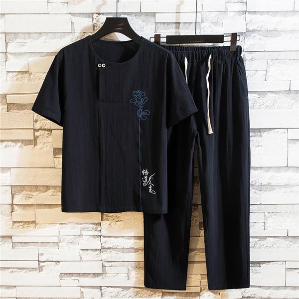 

men summer solid cotton and hemp short sleeve long pants fashion comfortable suit male clothes slim sports suits, Gray