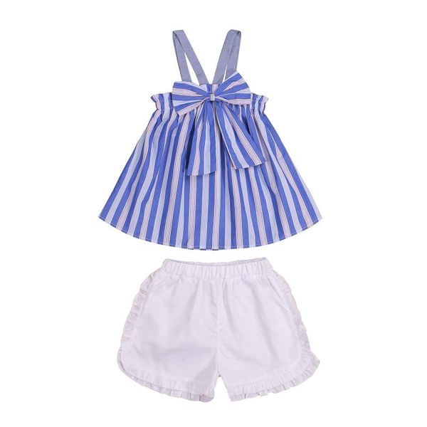 

pcs infant summer outfits, baby girls striped big bowknot tank + solid color ruffle shorts clothing sets, White