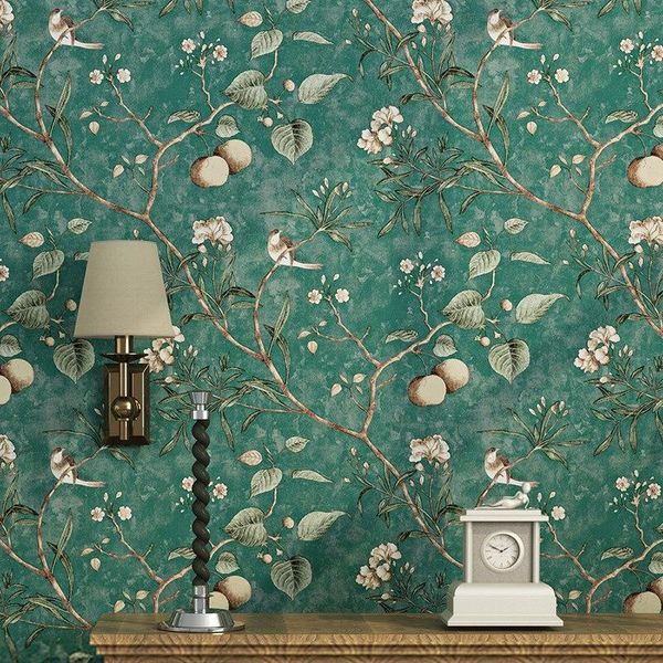 

wallpapers reminiscence of american sketch style living room bedroom dark green flowers birds tv background wall