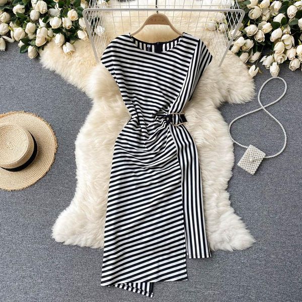 

casual dresses singreiny women retro stripe dress korean fashion short sleeve slim 2021 summer chic irregular streetwear midi sundress, Black;gray