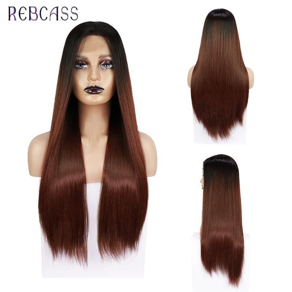 

synthetic wigs rebcass 28inch long straight wig ombre brown color lace front for black women part heat resistant hair