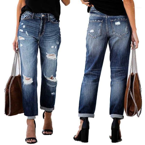 

ripped straight jeans for women distressed boyfriend denim woman loose casual pleated pants middle waist jean trousers1, Blue