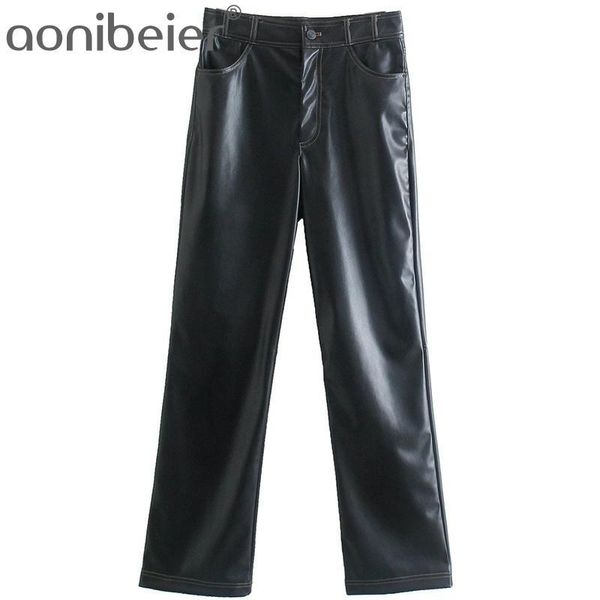 

women's pants & capris aonibeier za 2022 women casual trousers autumn stitched detail button front faux pu leather straight long, Black;white