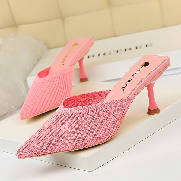 

flip flop korean-style simple versatile daily life loafers closed-toe drag high-heel yarn v mouth pointed-toe women's slippers, Black