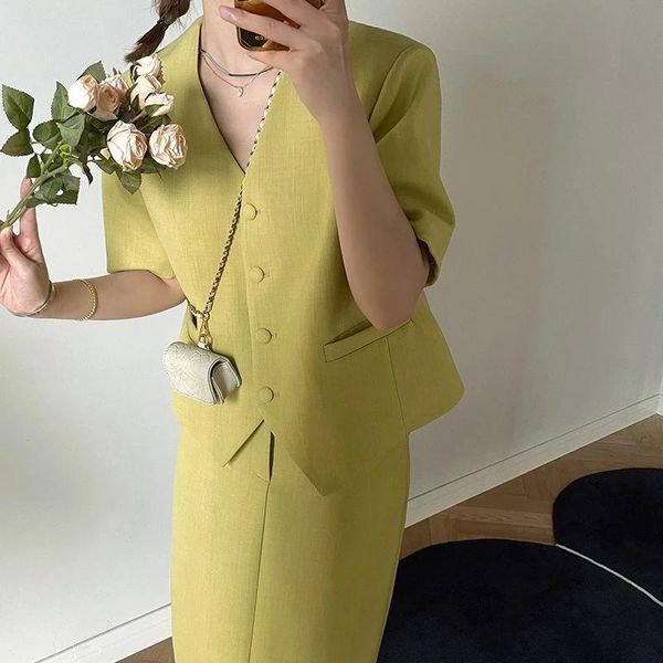 

two piece dress korean fashion skirt suits women sets v-neck short sleeve blazer + loose pencil set 2021 summer, White