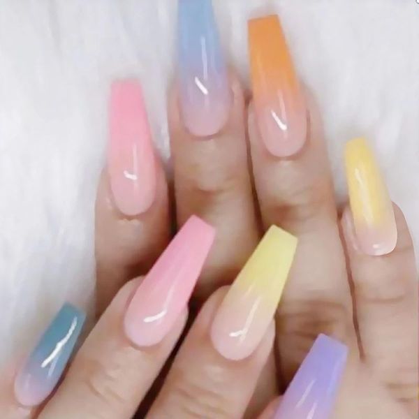 

20pcs rainbow gradient candy color trapezoidal fake nails press on super long ballet wearable lovely finished product false, Red;gold