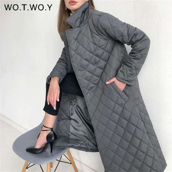 

wotwoy argyle long cotton-padded parka belted thick warm winter jacket female casual solid coats overcoat 210927, Black
