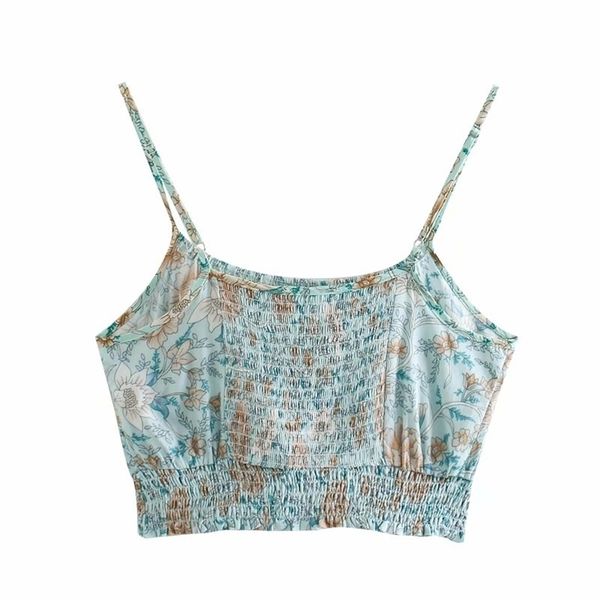 

summer spaghetti strap super-short blue printing folds pullover casual women camis 210524, White