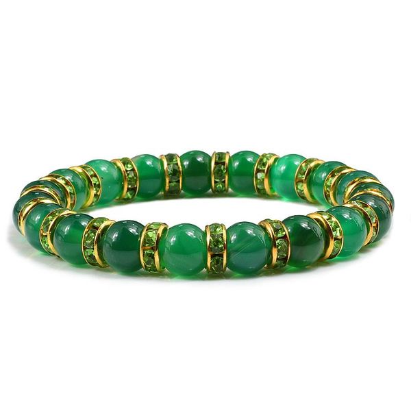 

charm bracelets natural dark green chalcedony beaded for women men's fashion jewelry classic rhinestone circular distance bracelet, Golden;silver