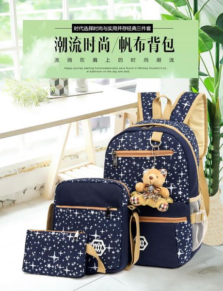 

backpack student three-piece set women's fashion style canvas travel bag