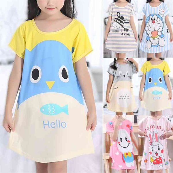 

kids girl terno pajama dress cartoon short-sleeved summer loose crew neck teenage night dress 3-10years baby nightgown 210915, Blue;red