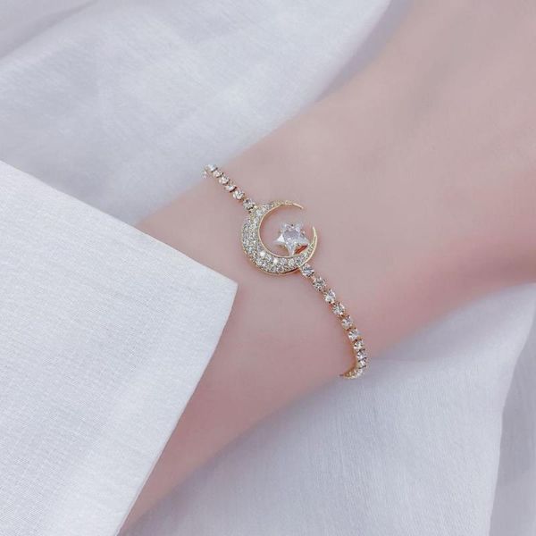 

link, chain sparkling cubic zirconia crescent moon star shape bracelet jewelry decoration, Black