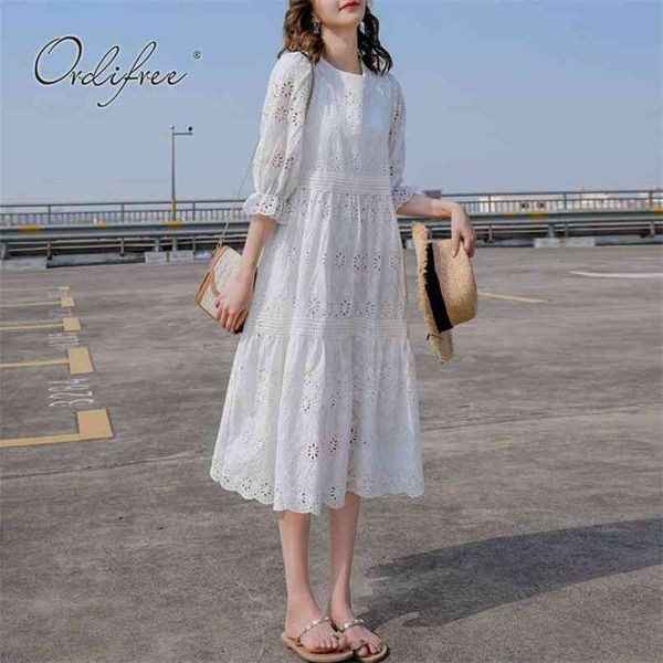 

summer vintage women embroidery dress sundress loose hollow out vocation white lace beach 210513, Black;gray